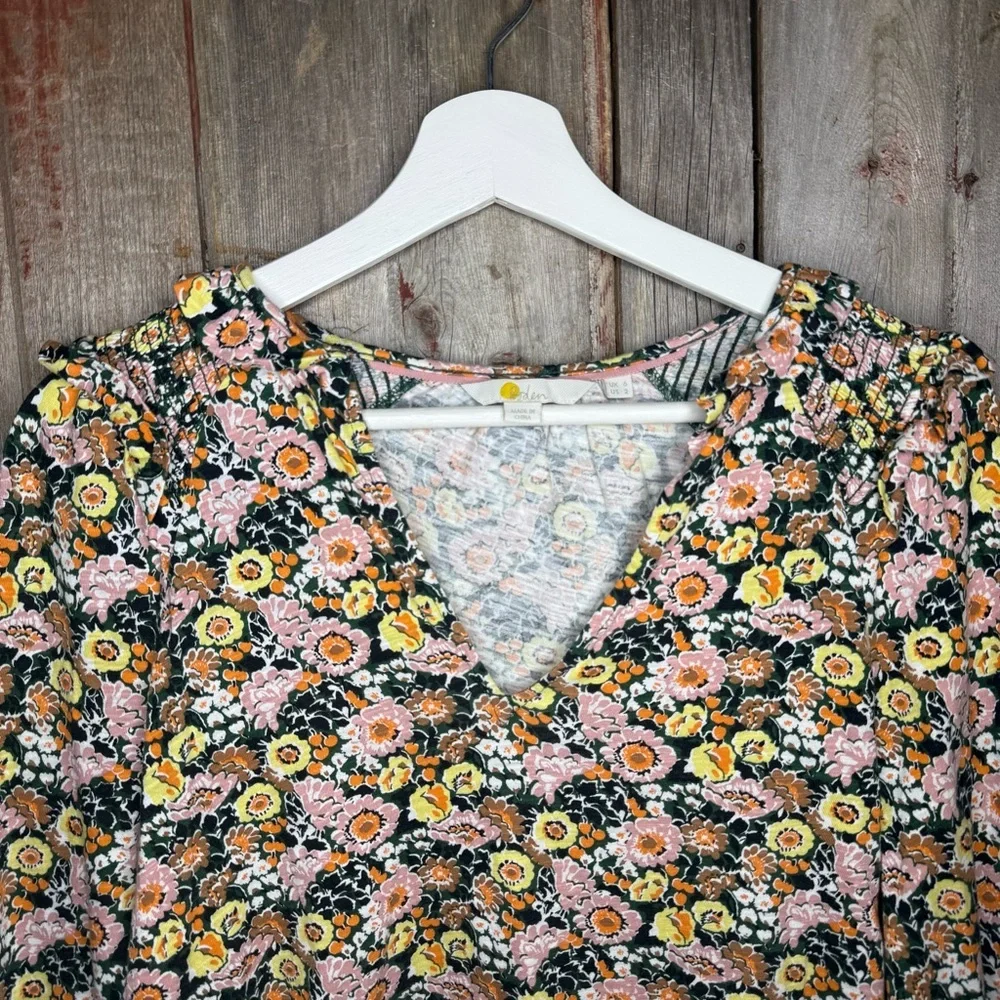 Boden Floral Notch Neck Smocked Frill Top Cotton Blouse Women's Size 2 - Picture 3 of 10